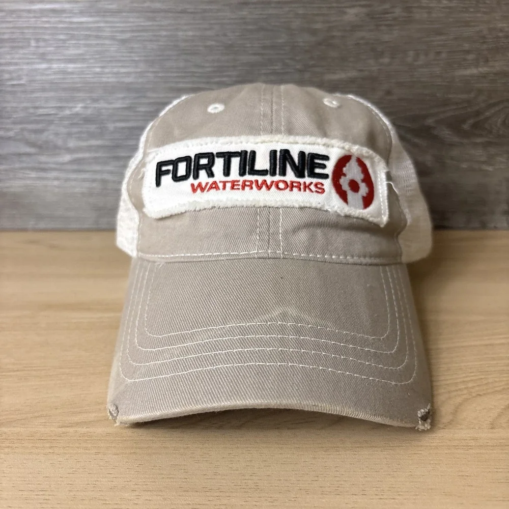 Fortiline Waterworks Hat Cap Strap Back Tan White Mesh Trucker Patch Mens Logo
